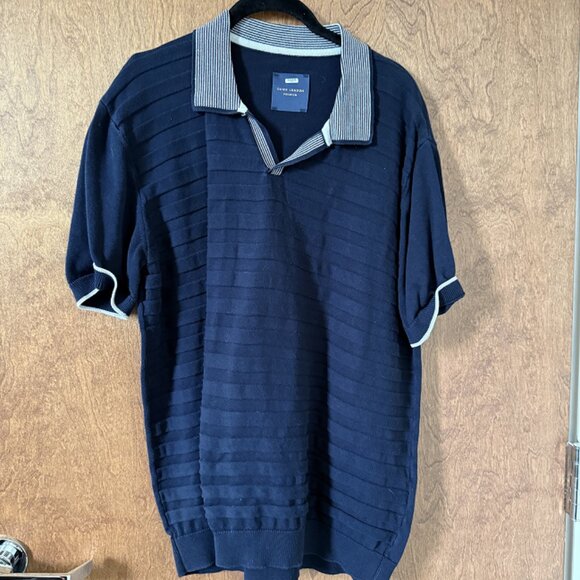 Guide London Navy Tonal Stripe Rib Knit Buttonless Short Sleeve Polo - Picture 2 of 3
